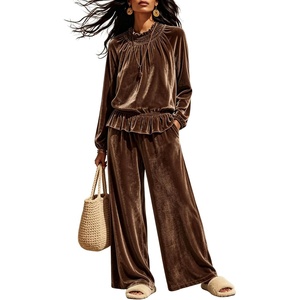 Tanming Womens 2 Piece Velet Ruffle Top Wide Leg Pants Sets | Soft Plush Feel, Elastic Waist, Frilled Neckline, Deep Side Pockets, Relaxed Silhouette, Fall&Winter Cozy Layer(Brown)