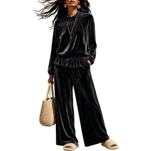 Tanming Womens 2 Piece Velet Ruffle Top Wide Leg Pants Sets | Soft Plush Feel, Elastic Waist, Frilled Neckline, Deep Side Pockets, Relaxed Silhouette, Fall&Winter Cozy Layer(Black)