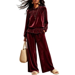 Tanming Womens 2 Piece Velet Ruffle Top Wide Leg Pants Sets | Soft Plush Feel, Elastic Waist, Frilled Neckline, Deep Side Pockets, Relaxed Silhouette, Fall&Winter Cozy Layer(Winered)