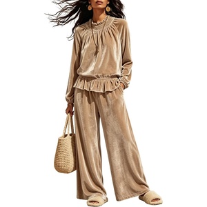 Tanming Womens 2 Piece Velet Ruffle Top Wide Leg Pants Sets | Soft Plush Feel, Elastic Waist, Frilled Neckline, Deep Side Pockets, Relaxed Silhouette, Fall&Winter Cozy Layer(Khaki)