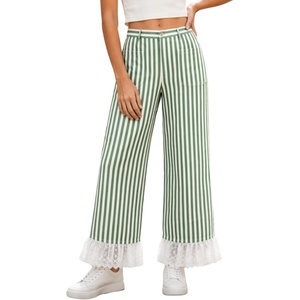 Tanming Womens Casual Striped Lace Hem Wide Leg Palazzo Pants | Elastic Waistband, Lace Hem Detailed, Striped Boho Styles, Breathable Skin-Friendly Fabric, Side Pockets, Vacation Dailywear(Green)
