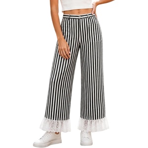 Tanming Womens Casual Striped Lace Hem Wide Leg Palazzo Pants | Elastic Waistband, Lace Hem Detailed, Striped Boho Styles, Breathable Skin-Friendly Fabric, Side Pockets, Vacation Dailywear(Black)