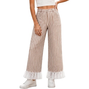 Tanming Womens Casual Striped Lace Hem Wide Leg Palazzo Pants | Elastic Waistband, Lace Hem Detailed, Striped Boho Styles, Breathable Skin-Friendly Fabric, Side Pockets, Vacation Dailywear(Brown)