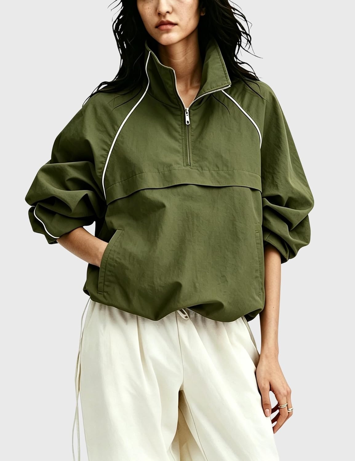 image:imageTanmimg Womens Casual Quarter Zip Pullover Windbreaker Jacket Hand Pockets Stand Collar Adjustable Drawstring Loose Fit WindResistant Lightweight amp PackableGreen
