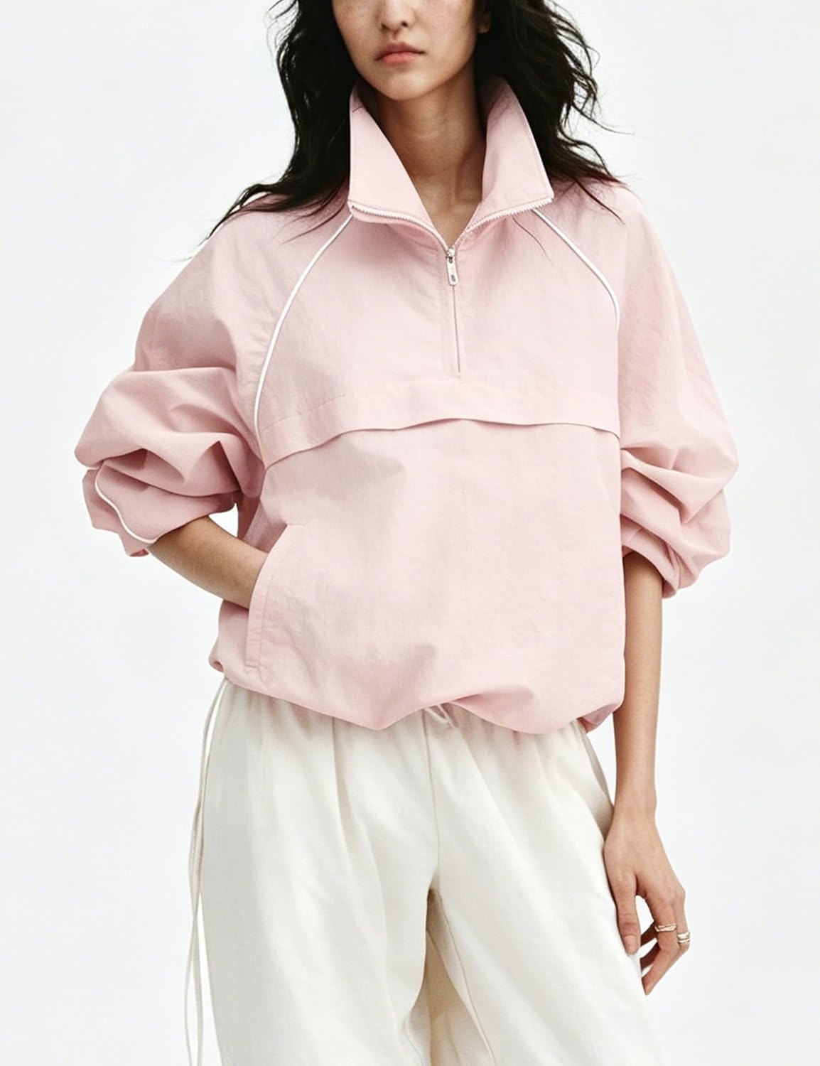 image:imageTanmimg Womens Casual Quarter Zip Pullover Windbreaker Jacket Hand Pockets Stand Collar Adjustable Drawstring Loose Fit WindResistant Lightweight amp PackablePink