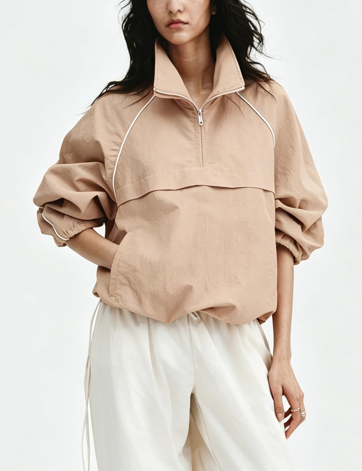 image:imageTanmimg Womens Casual Quarter Zip Pullover Windbreaker Jacket Hand Pockets Stand Collar Adjustable Drawstring Loose Fit WindResistant Lightweight amp PackableKhaki