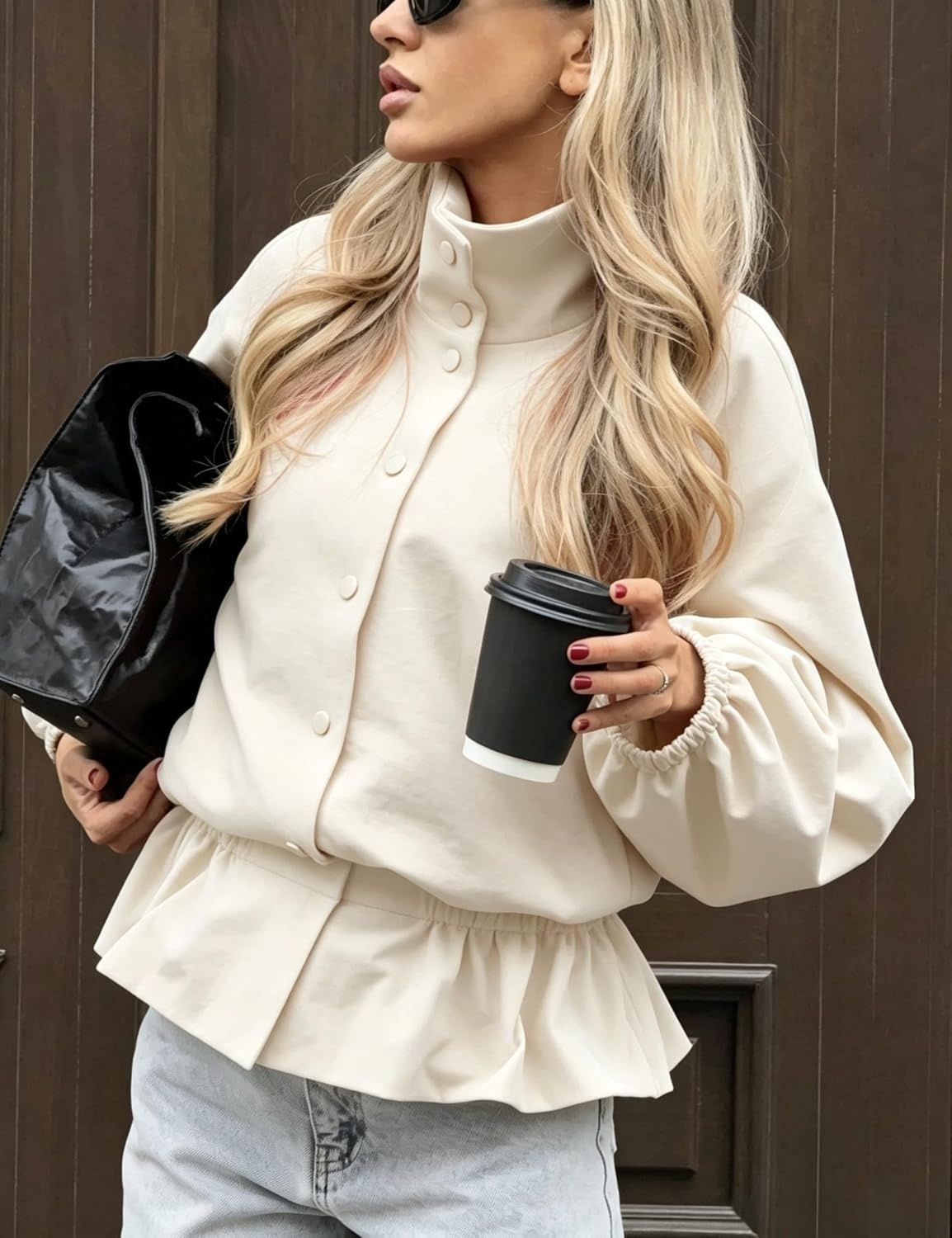 image:imageTanming Womens Casual FunnelNeck Lightweight Jackets Button Down Elastic Waist Loose Fit Peplum Hem Ease Packable WindResistantBeige