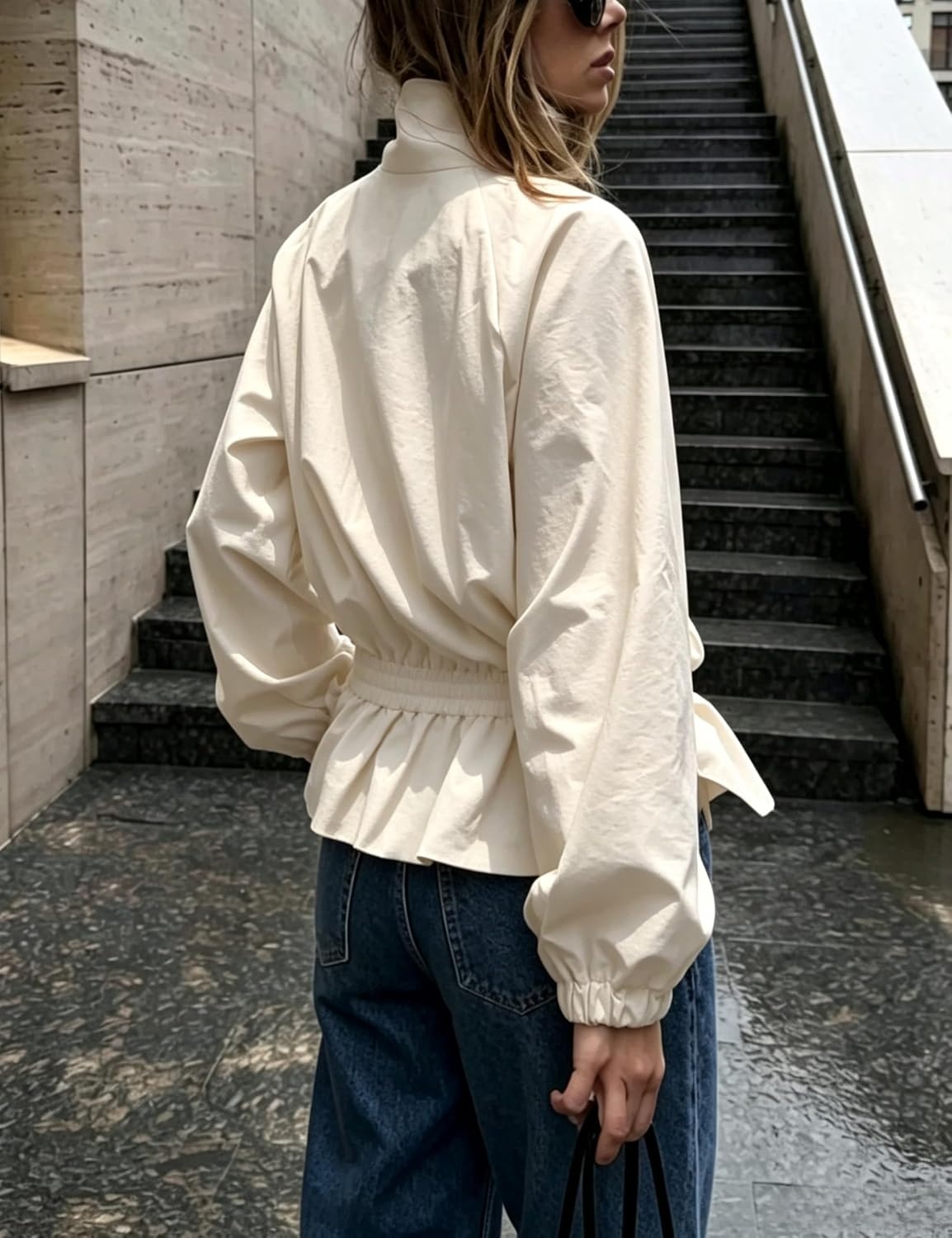 image:imageTanming Womens Casual FunnelNeck Lightweight Jackets Button Down Elastic Waist Loose Fit Peplum Hem Ease Packable WindResistantBeige