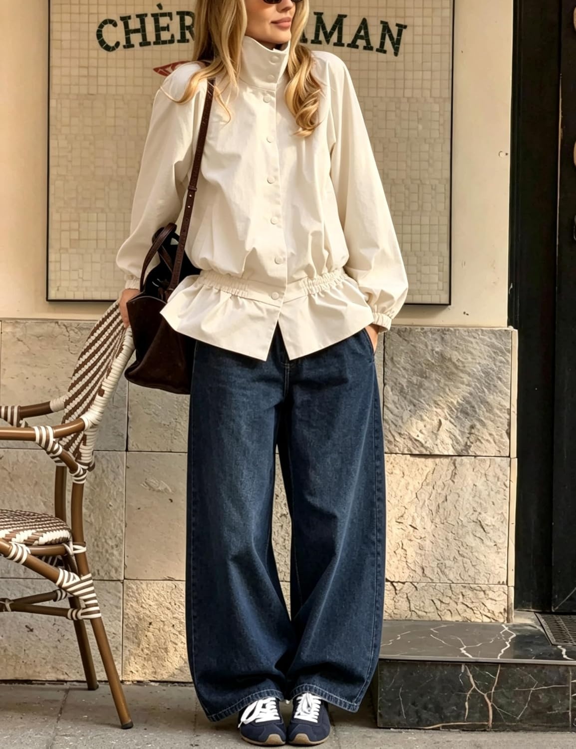 image:imageTanming Womens Casual FunnelNeck Lightweight Jackets Button Down Elastic Waist Loose Fit Peplum Hem Ease Packable WindResistantBeige