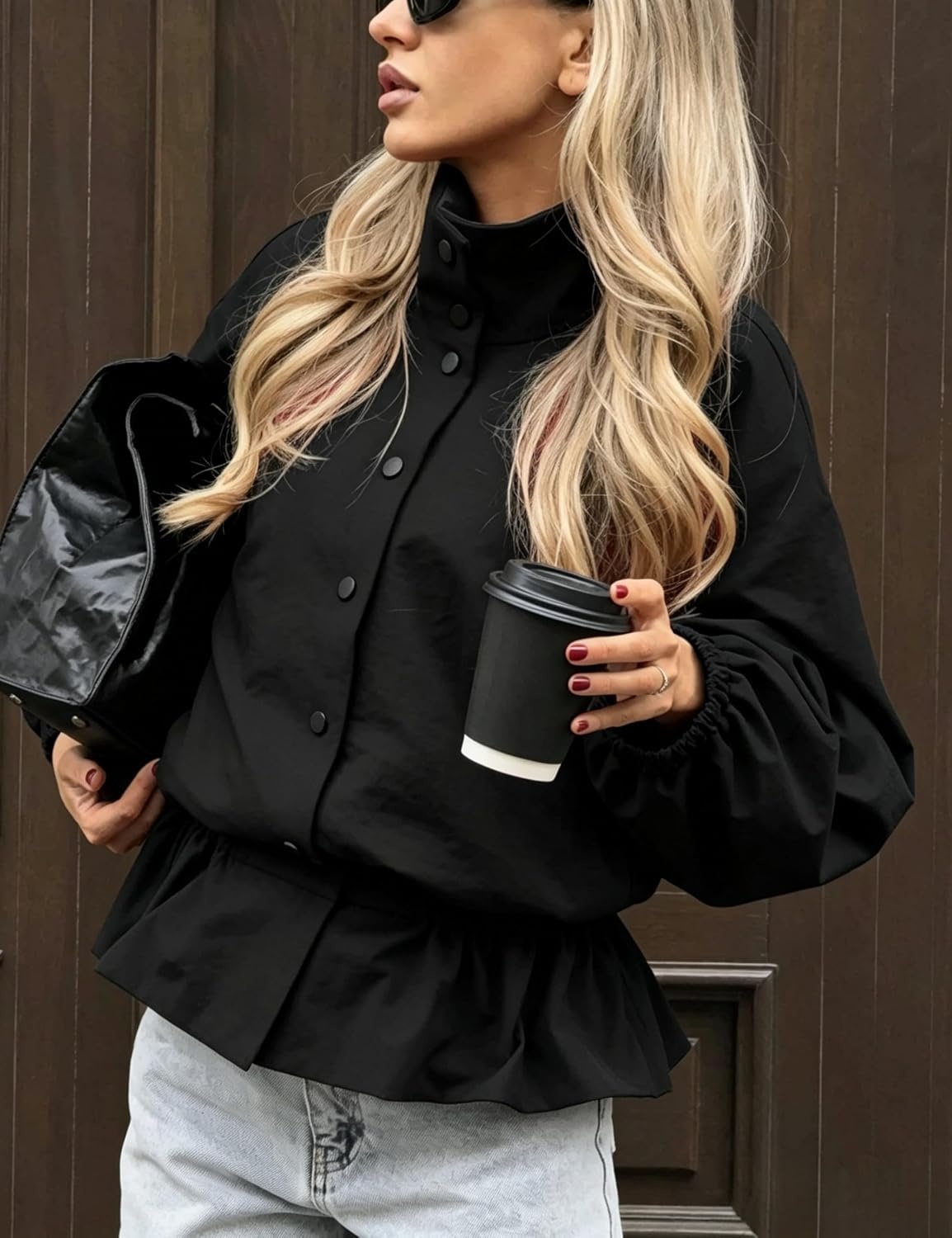image:imageTanming Womens Casual FunnelNeck Lightweight Jackets Button Down Elastic Waist Loose Fit Peplum Hem Ease Packable WindResistantBlack