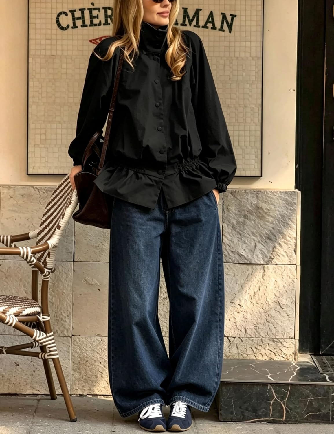 image:imageTanming Womens Casual FunnelNeck Lightweight Jackets Button Down Elastic Waist Loose Fit Peplum Hem Ease Packable WindResistantBlack