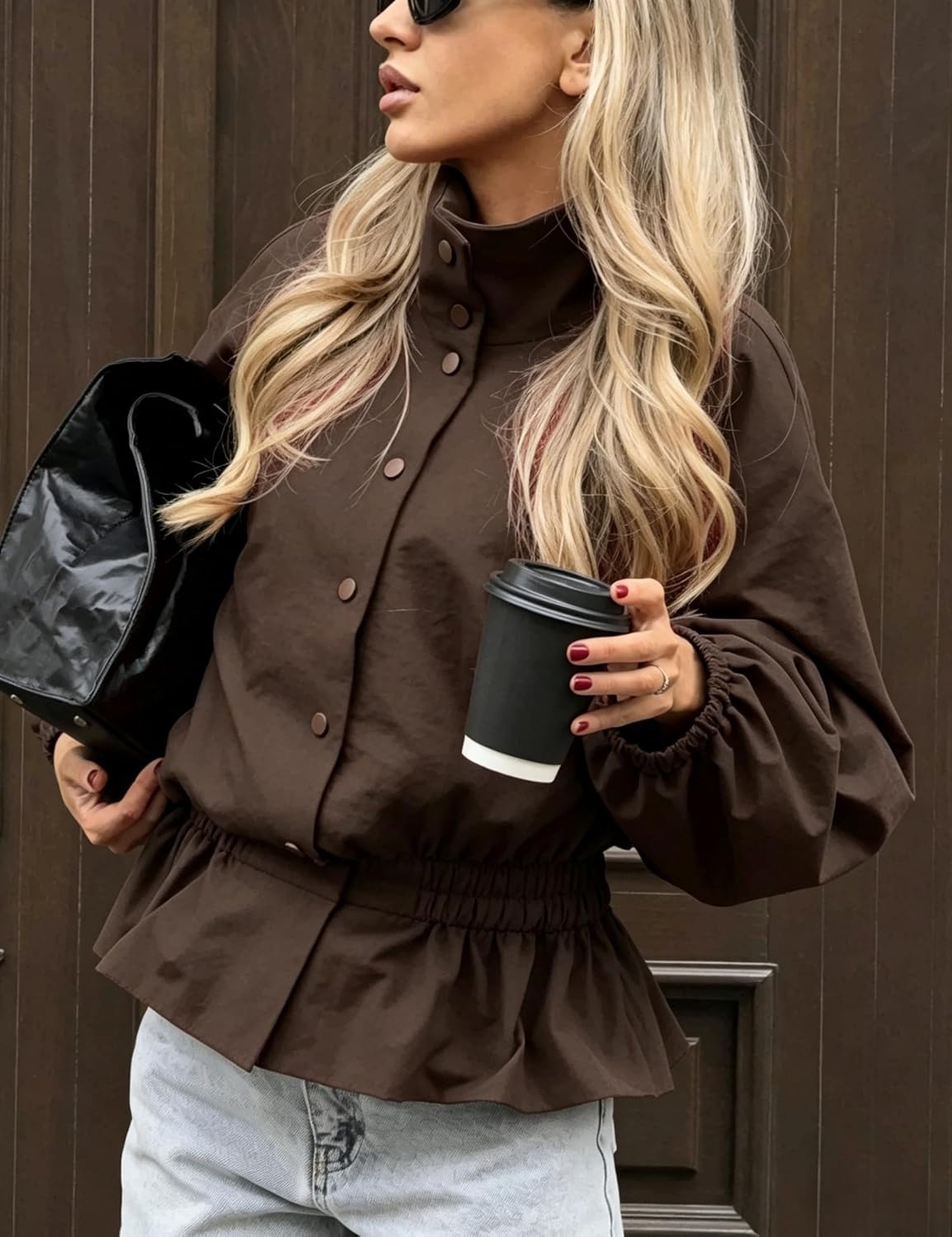 image:imageTanming Womens Casual FunnelNeck Lightweight Jackets Button Down Elastic Waist Loose Fit Peplum Hem Ease Packable WindResistantBrown