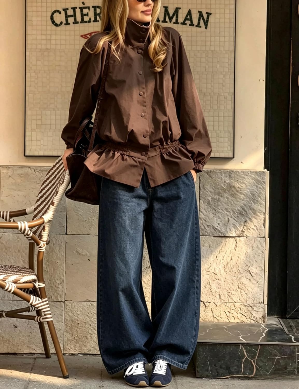 image:imageTanming Womens Casual FunnelNeck Lightweight Jackets Button Down Elastic Waist Loose Fit Peplum Hem Ease Packable WindResistantBrown