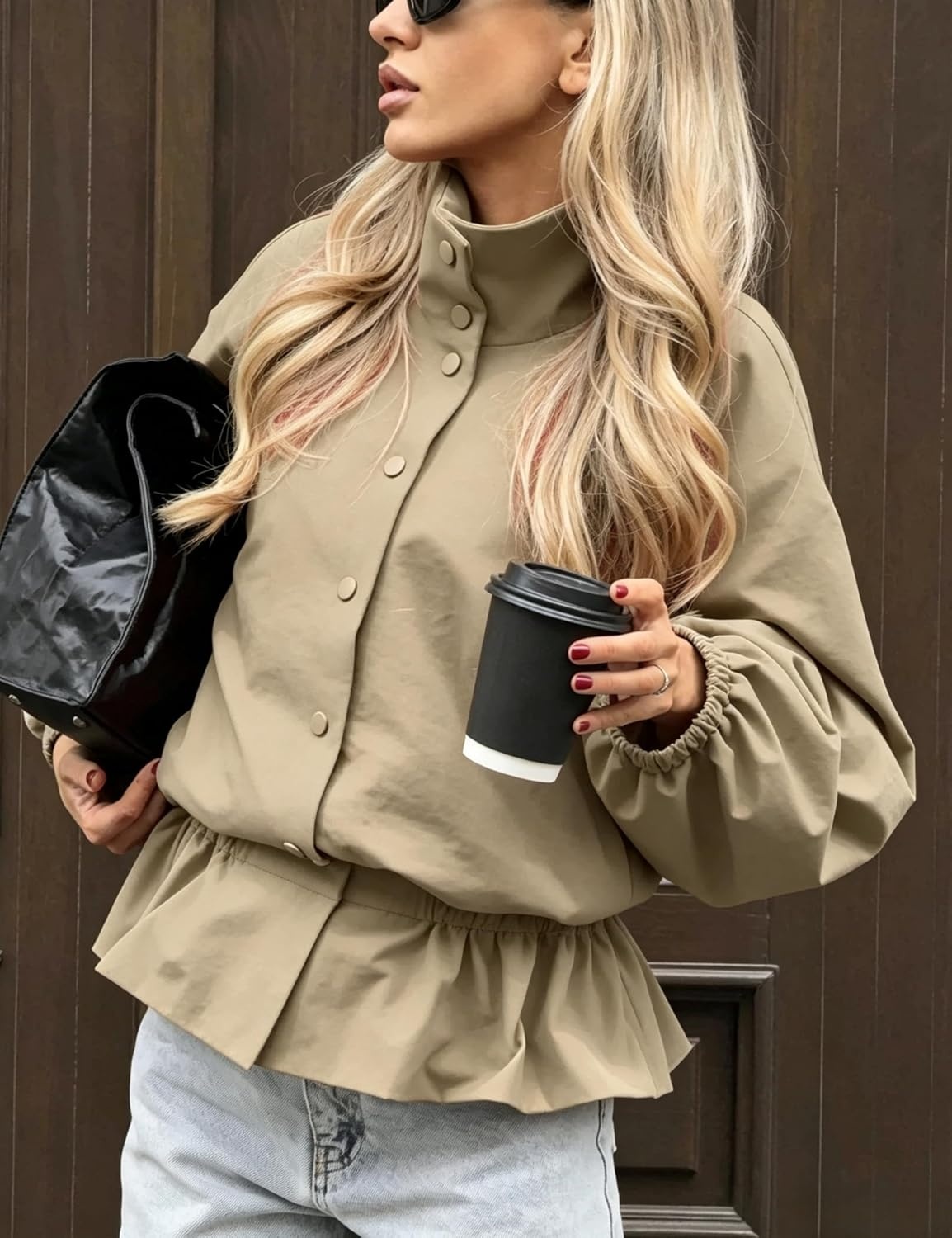 image:imageTanming Womens Casual FunnelNeck Lightweight Jackets Button Down Elastic Waist Loose Fit Peplum Hem Ease Packable WindResistantKhaki