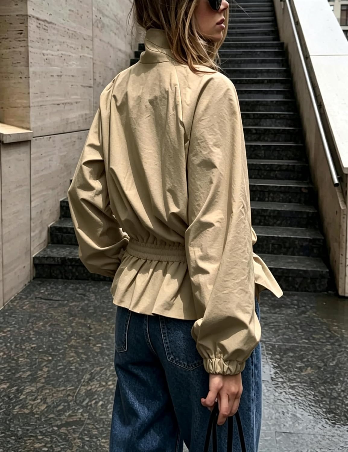 image:imageTanming Womens Casual FunnelNeck Lightweight Jackets Button Down Elastic Waist Loose Fit Peplum Hem Ease Packable WindResistantKhaki