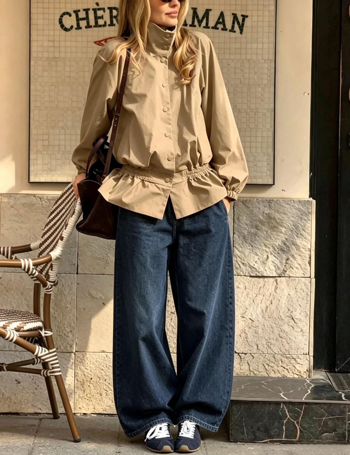 image:imageTanming Womens Casual FunnelNeck Lightweight Jackets Button Down Elastic Waist Loose Fit Peplum Hem Ease Packable WindResistantKhaki