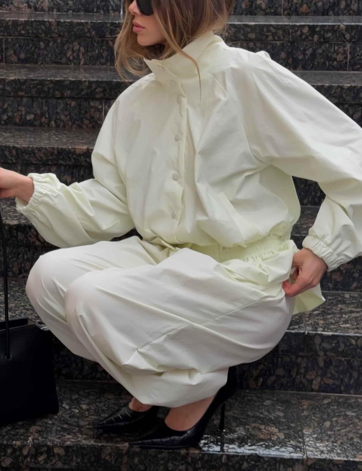 image:imageTanming Womens Casual FunnelNeck Lightweight Jackets Button Down Elastic Waist Loose Fit Peplum Hem Ease Packable WindResistantLightyellow