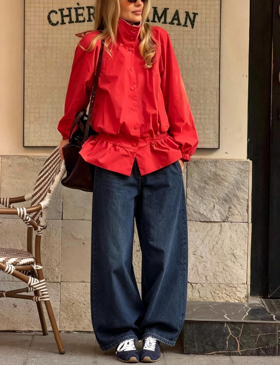 image:imageTanming Womens Casual FunnelNeck Lightweight Jackets Button Down Elastic Waist Loose Fit Peplum Hem Ease Packable WindResistantRed