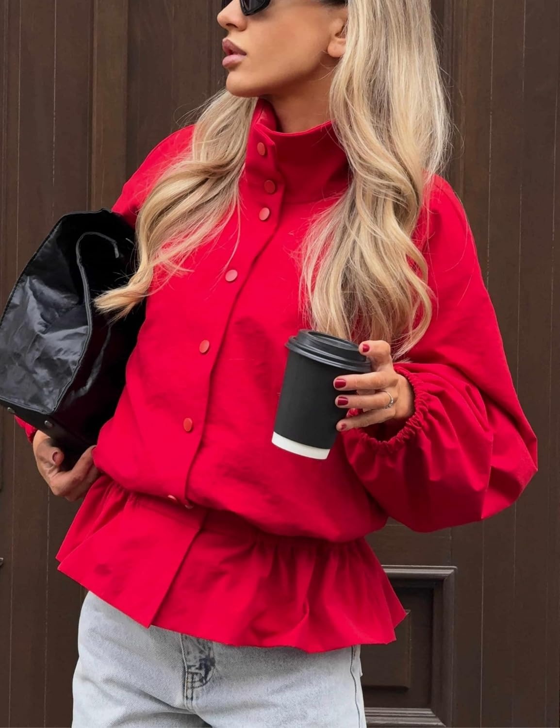 image:imageTanming Womens Casual FunnelNeck Lightweight Jackets Button Down Elastic Waist Loose Fit Peplum Hem Ease Packable WindResistantRed