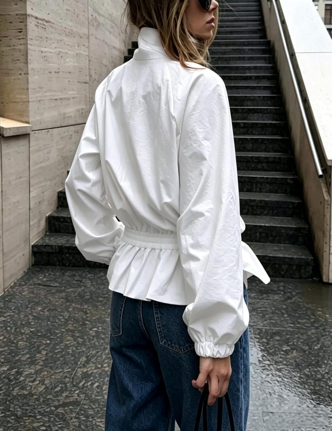 image:imageTanming Womens Casual FunnelNeck Lightweight Jackets Button Down Elastic Waist Loose Fit Peplum Hem Ease Packable WindResistantWhite