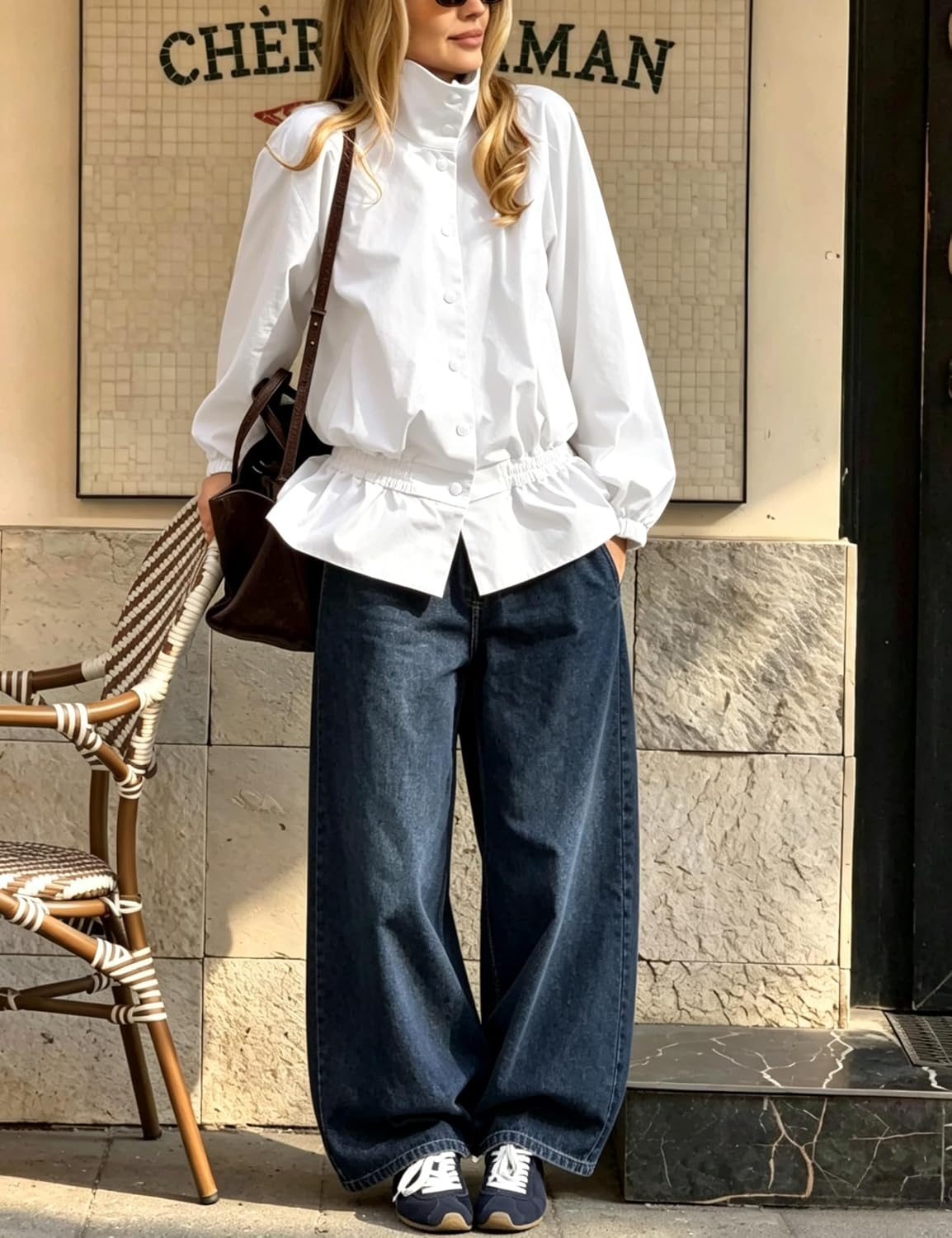 image:imageTanming Womens Casual FunnelNeck Lightweight Jackets Button Down Elastic Waist Loose Fit Peplum Hem Ease Packable WindResistantWhite