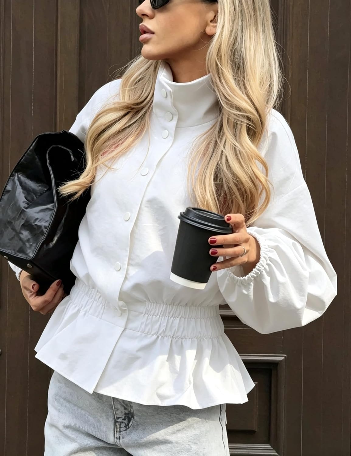 image:imageTanming Womens Casual FunnelNeck Lightweight Jackets Button Down Elastic Waist Loose Fit Peplum Hem Ease Packable WindResistantWhite