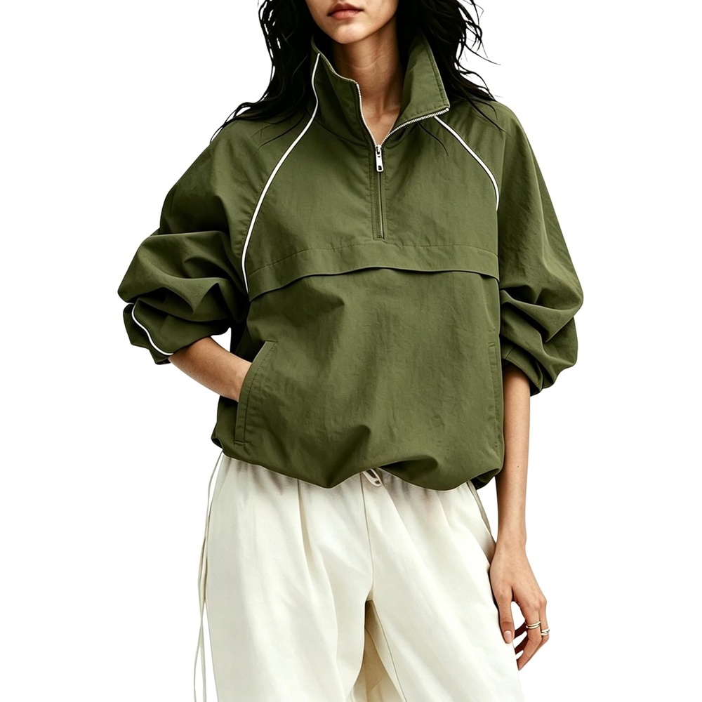 image:imageTanmimg Womens Casual Quarter Zip Pullover Windbreaker Jacket  Hand Pockets Stand Collar Adjustable Drawstring Loose Fit WindResistant Lightweight amp PackableGreen