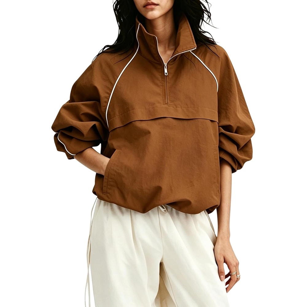 image:imageTanmimg Womens Casual Quarter Zip Pullover Windbreaker Jacket  Hand Pockets Stand Collar Adjustable Drawstring Loose Fit WindResistant Lightweight amp PackableBrown