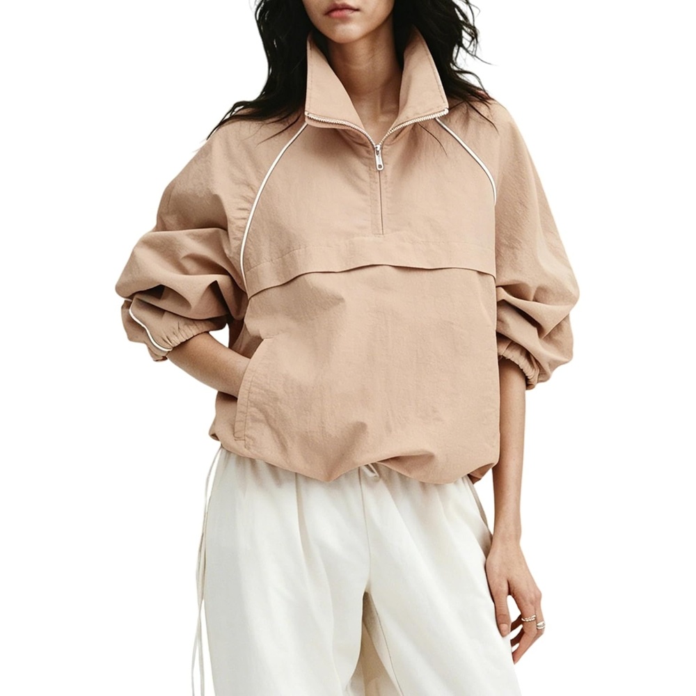 image:imageTanmimg Womens Casual Quarter Zip Pullover Windbreaker Jacket Hand Pockets Stand Collar Adjustable Drawstring Loose Fit WindResistant Lightweight amp PackableKhaki
