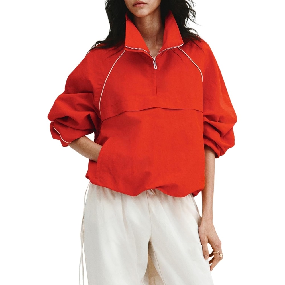 image:imageTanmimg Womens Casual Quarter Zip Pullover Windbreaker Jacket Hand Pockets Stand Collar Adjustable Drawstring Loose Fit WindResistant Lightweight amp PackableRed