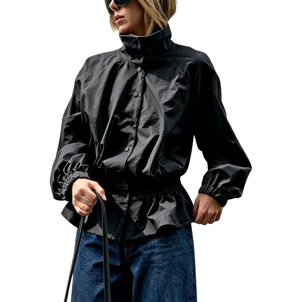 image:imageTanming Womens Casual FunnelNeck Lightweight Jackets Button Down Elastic Waist Loose Fit Peplum Hem Ease Packable WindResistantBlack