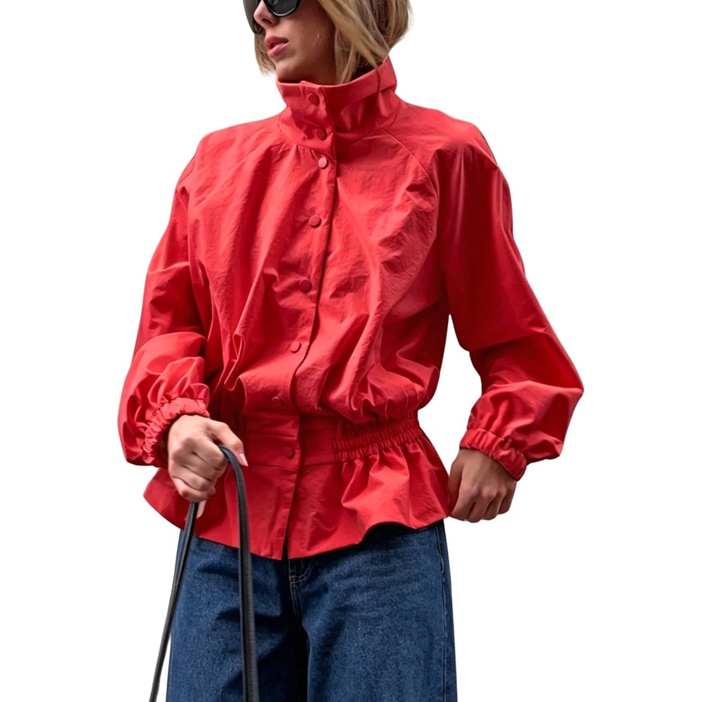 image:imageTanming Womens Casual FunnelNeck Lightweight Jackets Button Down Elastic Waist Loose Fit Peplum Hem Ease Packable WindResistantRed