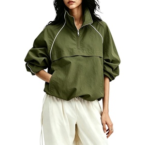 Tanmimg Womens Casual Quarter Zip Pullover Windbreaker Jacket | Hand Pockets, Stand Collar, Adjustable Drawstring, Loose Fit, Wind-Resistant, Lightweight & Packable(Green)