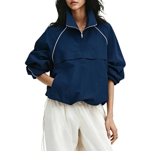 Tanmimg Womens Casual Quarter Zip Pullover Windbreaker Jacket | Hand Pockets, Stand Collar, Adjustable Drawstring, Loose Fit, Wind-Resistant, Lightweight & Packable(Navy)