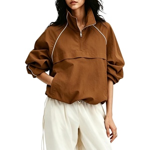 Tanmimg Womens Casual Quarter Zip Pullover Windbreaker Jacket | Hand Pockets, Stand Collar, Adjustable Drawstring, Loose Fit, Wind-Resistant, Lightweight & Packable(Brown)