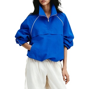 Tanmimg Womens Casual Quarter Zip Pullover Windbreaker Jacket | Hand Pockets, Stand Collar, Adjustable Drawstring, Loose Fit, Wind-Resistant, Lightweight & Packable(Blue)
