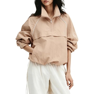 Tanmimg Womens Casual Quarter Zip Pullover Windbreaker Jacket | Hand Pockets, Stand Collar, Adjustable Drawstring, Loose Fit, Wind-Resistant, Lightweight & Packable(Khaki)