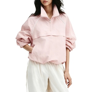 Tanmimg Womens Casual Quarter Zip Pullover Windbreaker Jacket | Hand Pockets, Stand Collar, Adjustable Drawstring, Loose Fit, Wind-Resistant, Lightweight & Packable(Pink)