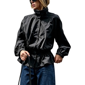 Tanming Womens Casual Funnel-Neck Lightweight Jackets | Button Down, Elastic Waist, Loose Fit, Peplum Hem, Ease Packable, Wind-Resistant(Black)
