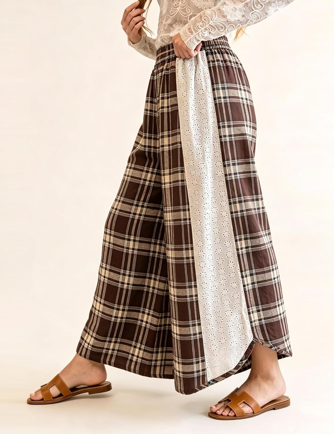 image:imageTanming Womens Casual Plaid Checkered Lace Trim Palazzo PantsBrown