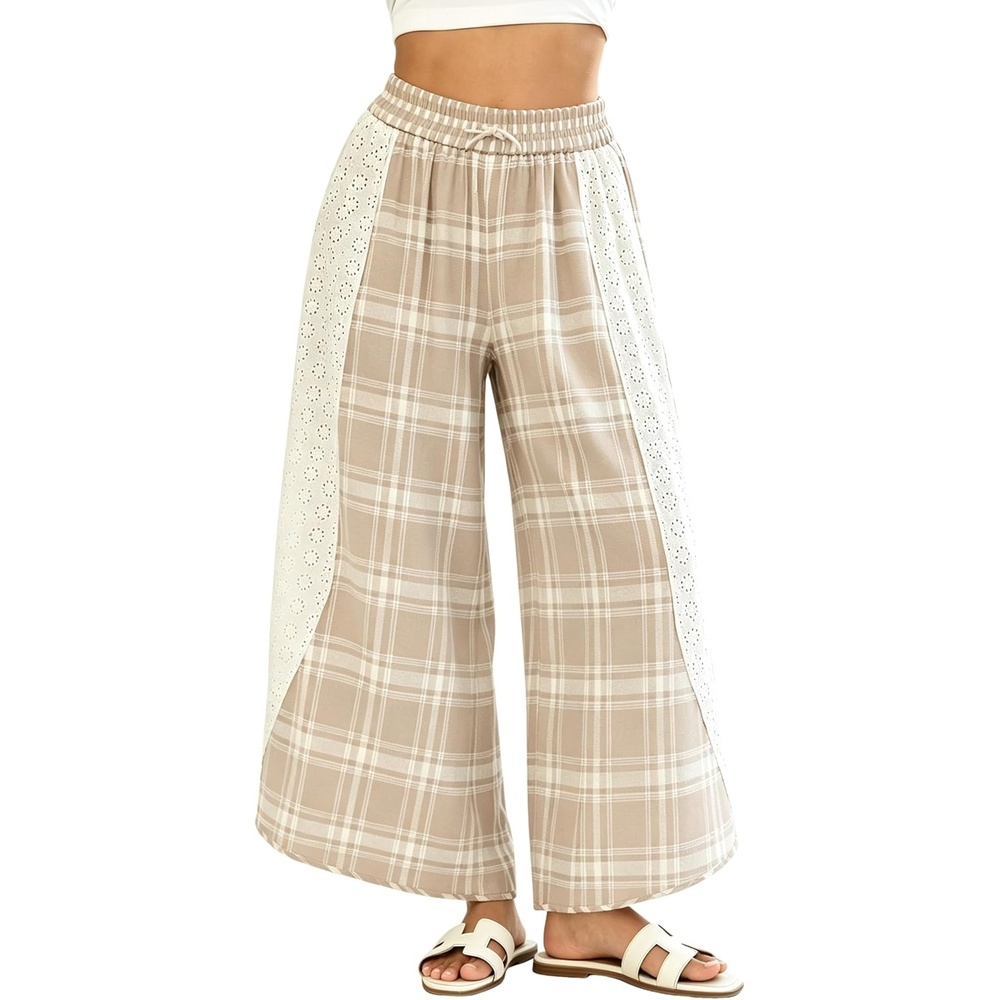 image:imageTanming Womens Casual Plaid Checkered Lace Trim Palazzo PantsApricot