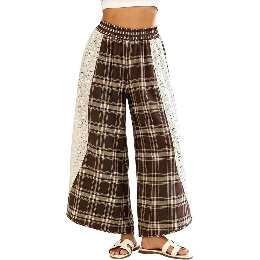 image:imageTanming Womens Casual Plaid Checkered Lace Trim Palazzo PantsBrown