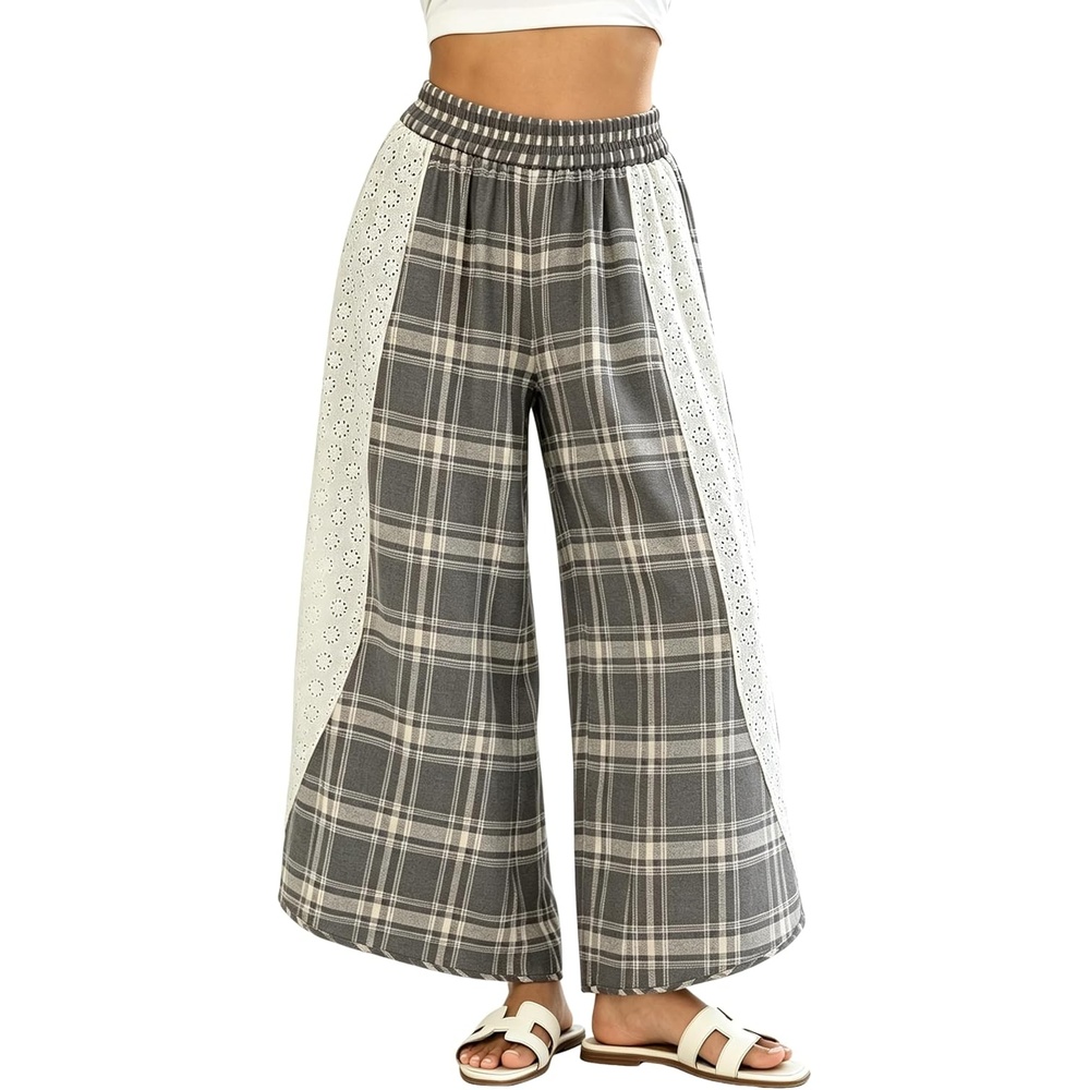 image:imageTanming Womens Casual Plaid Checkered Lace Trim Palazzo PantsGrey