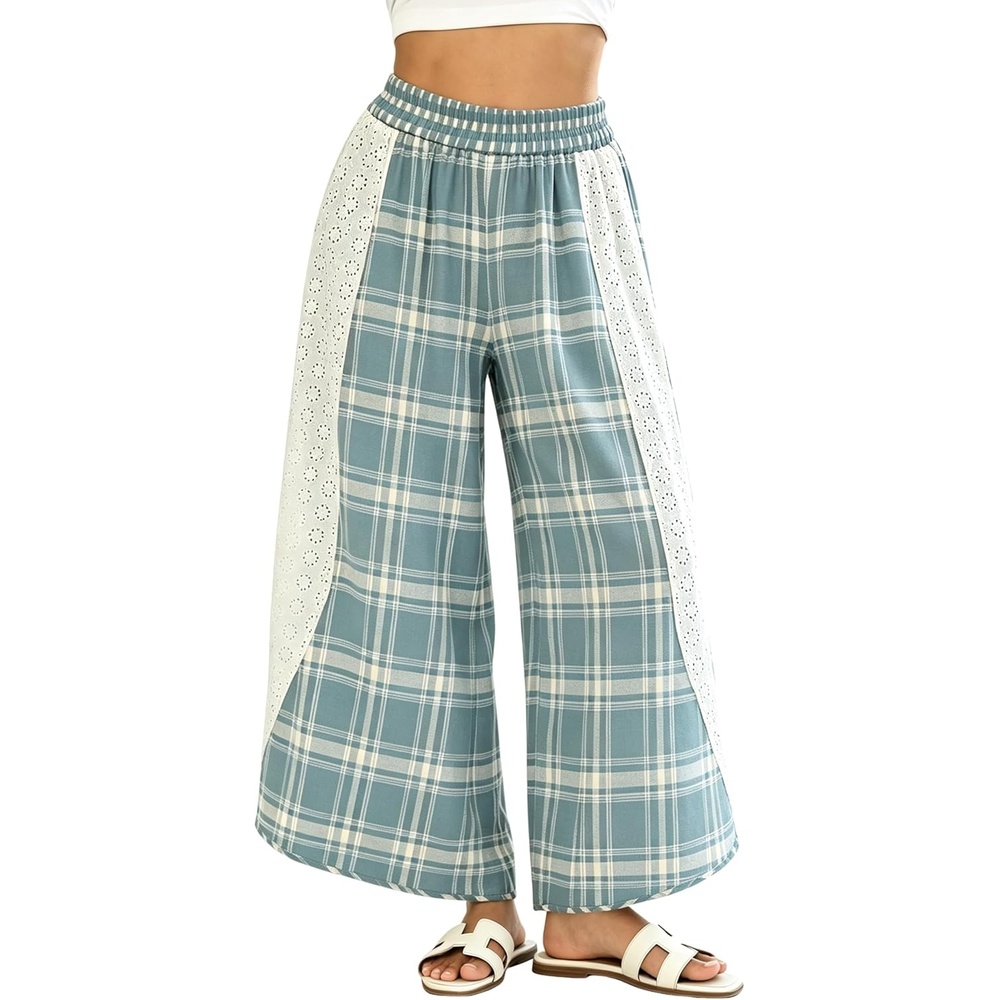 image:imageTanming Womens Casual Plaid Checkered Lace Trim Palazzo PantsLakeblue