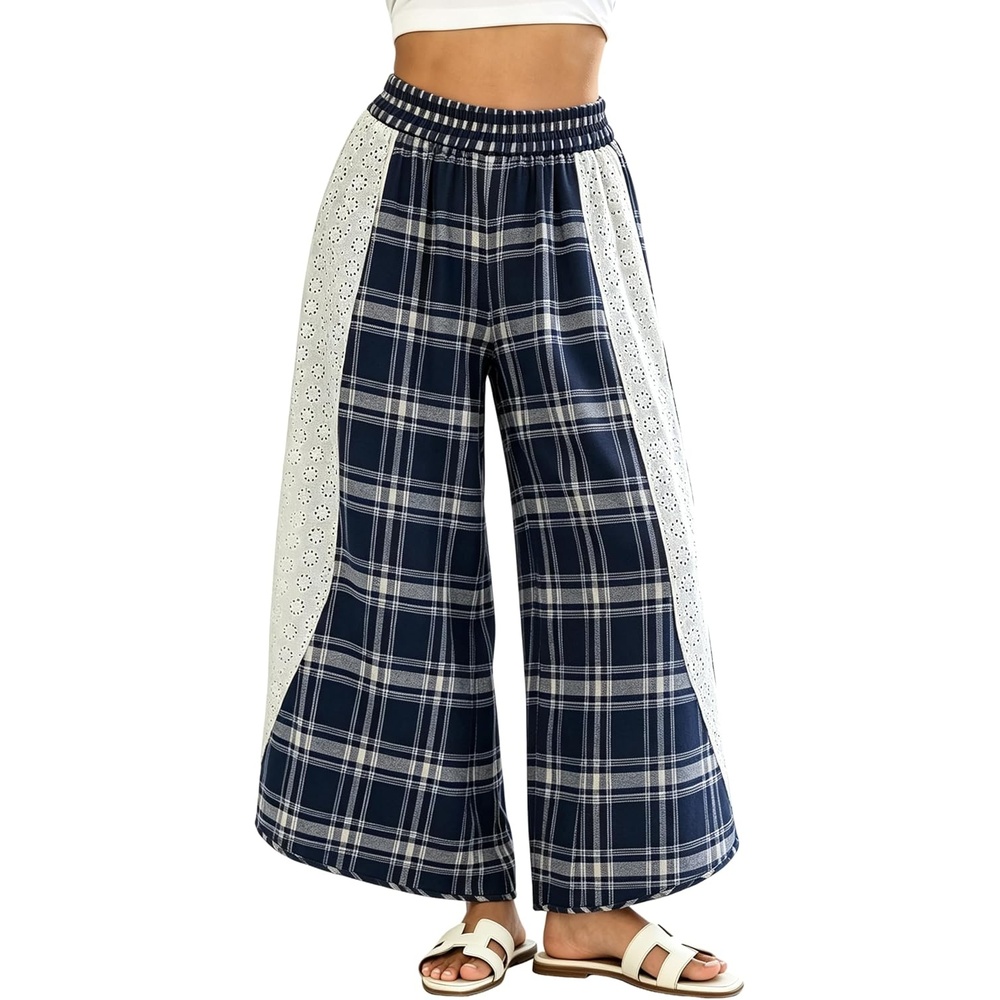 image:imageTanming Womens Casual Plaid Checkered Lace Trim Palazzo PantsNavy