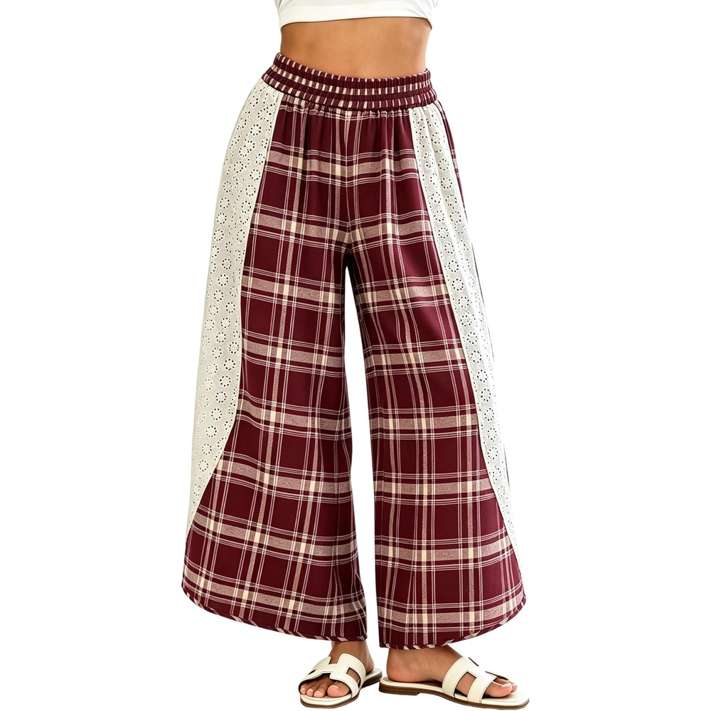 image:imageTanming Womens Casual Plaid Checkered Lace Trim Palazzo PantsPlum
