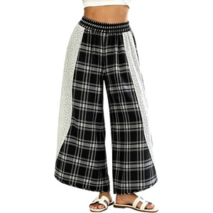 Tanming Womens Casual Plaid Checkered Lace Trim Palazzo Pants(Black)
