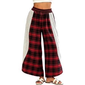 Tanming Womens Casual Plaid Checkered Lace Trim Palazzo Pants(Blackred)