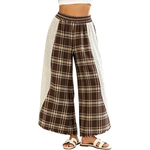 Tanming Womens Casual Plaid Checkered Lace Trim Palazzo Pants(Brown)