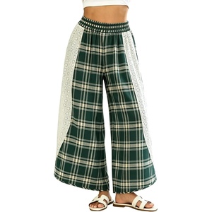 Tanming Womens Casual Plaid Checkered Lace Trim Palazzo Pants(Green)